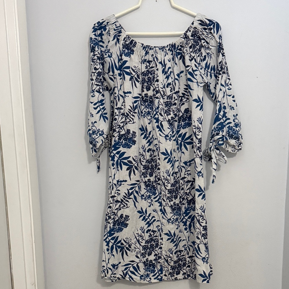 Off-Shoulder Linen Blue Floral Midi Dress with Tie Sleeves Summer Resortwear - Picture 6 of 8